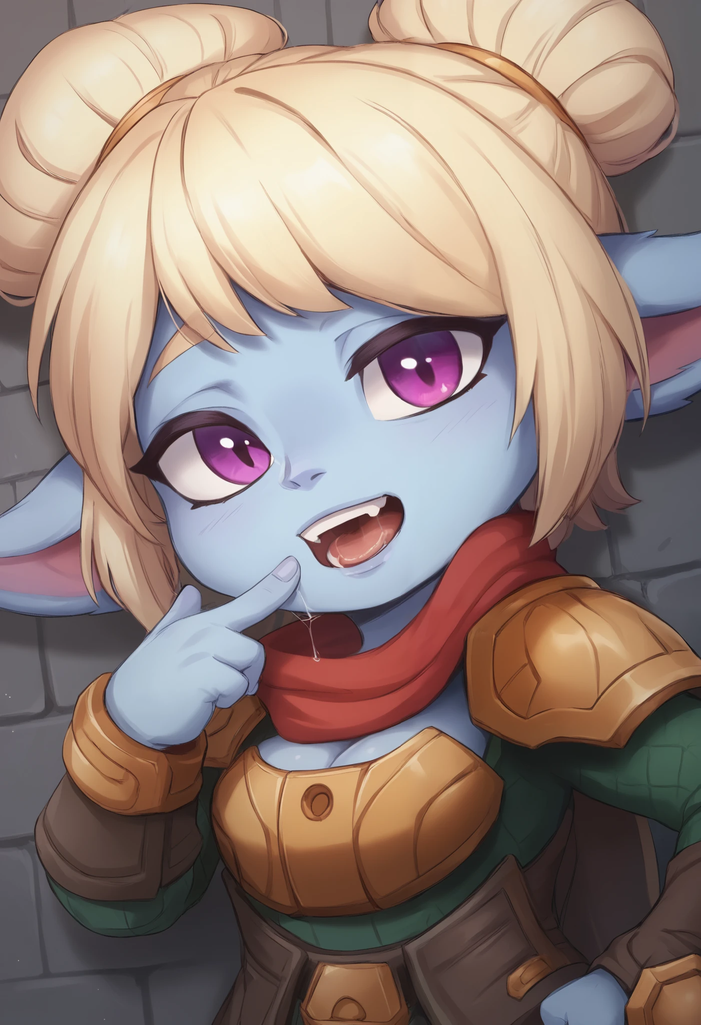 score_9, score_8_up, score_7_up, rating_ safe, fantasy, lock,  1girl, (short steak:1.3), Cute, p0ppy, yordle ,  blond hair , blue skin,  big double tails, armor, shoulder armor,  big breasts,  lines of motion , saliva, (head tilt:1.3),  smug , bedroom eyes, close-up,   cleavage  , scarf, dutch angle, , mouth open, finger to mouth,  wide hips,  against the wall, One,  hand on thigh,  4 fingers Hide 