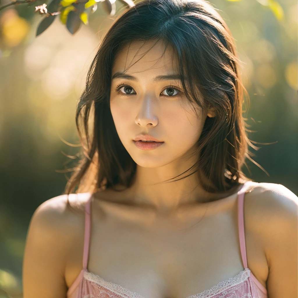 A hyper-realistic image of a single Japanese woman in her early 20s, captured with the nostalgic warmth and subtle graininess of a film camera. Her skin has a warm beige tone with a natural, slightly rough texture that includes visible pores, fine lines, and subtle imperfections such as small blemishes, adding to the authenticity of her appearance. The soft, diffused natural light enhances the film-like quality, casting gentle shadows that create a timeless, organic feel. Her straight, glossy black hair frames her face in a natural, slightly tousled manner, and her deep brown eyes reflect the ambient light, adding depth and emotion. The film camera effect introduces a slight grain and a softer focus, giving the image a warm, nostalgic atmosphere while maintaining the realistic texture of her skin. She is dressed simply, in a way that complements her natural beauty, with the overall composition designed to evoke a sense of genuine, understated elegance. The use of natural light, combined with the deliberately rougher texture of her skin and the film-like qualities, ensures that this image captures the imperfections that make her beauty truly lifelike, focusing solely on this one individual.She has large, ample breasts and wears only attractive, fashionable underwear, which accentuates her cleavage.Be sure to keep your eyes on us.Stylish and very cute three-dimensional bra.A brightly colored pink bra.