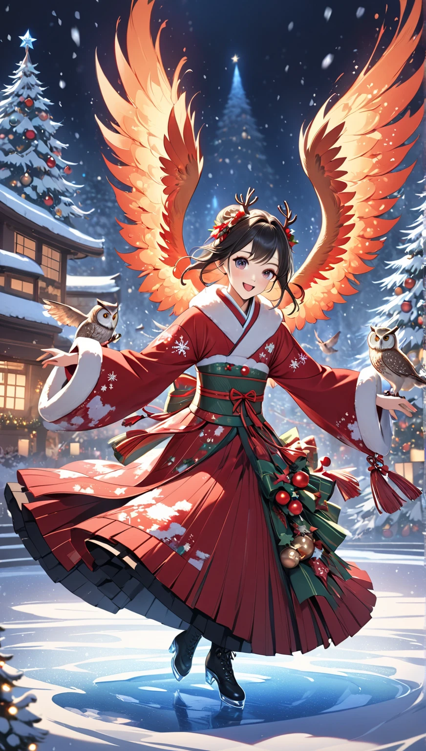 masterpiece  :1.2，   christmas illustration， ((Dancing on ice   ))，     fantasy world  ,       Japanese style    , ((Incarnation of Fire:1.1))，      Details，   Christmas Winter Scenery  ，An owl is flapping its wings    ，     wonderful  ，      Pro Pictures   ，