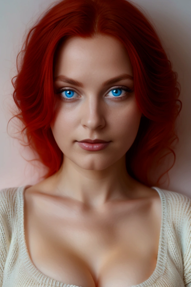 Miss, Large Breasts, Red hair, blue eyes, Transparent sweater, Small chin