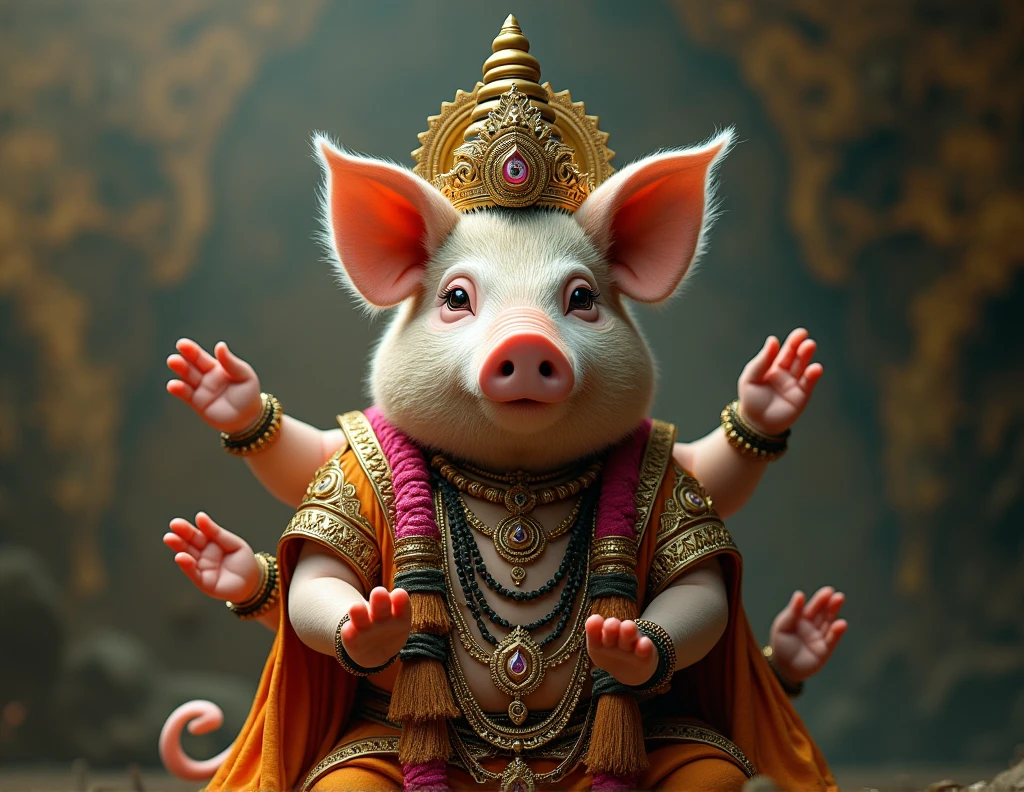 Pig-headed male hindu God dancing in a temple