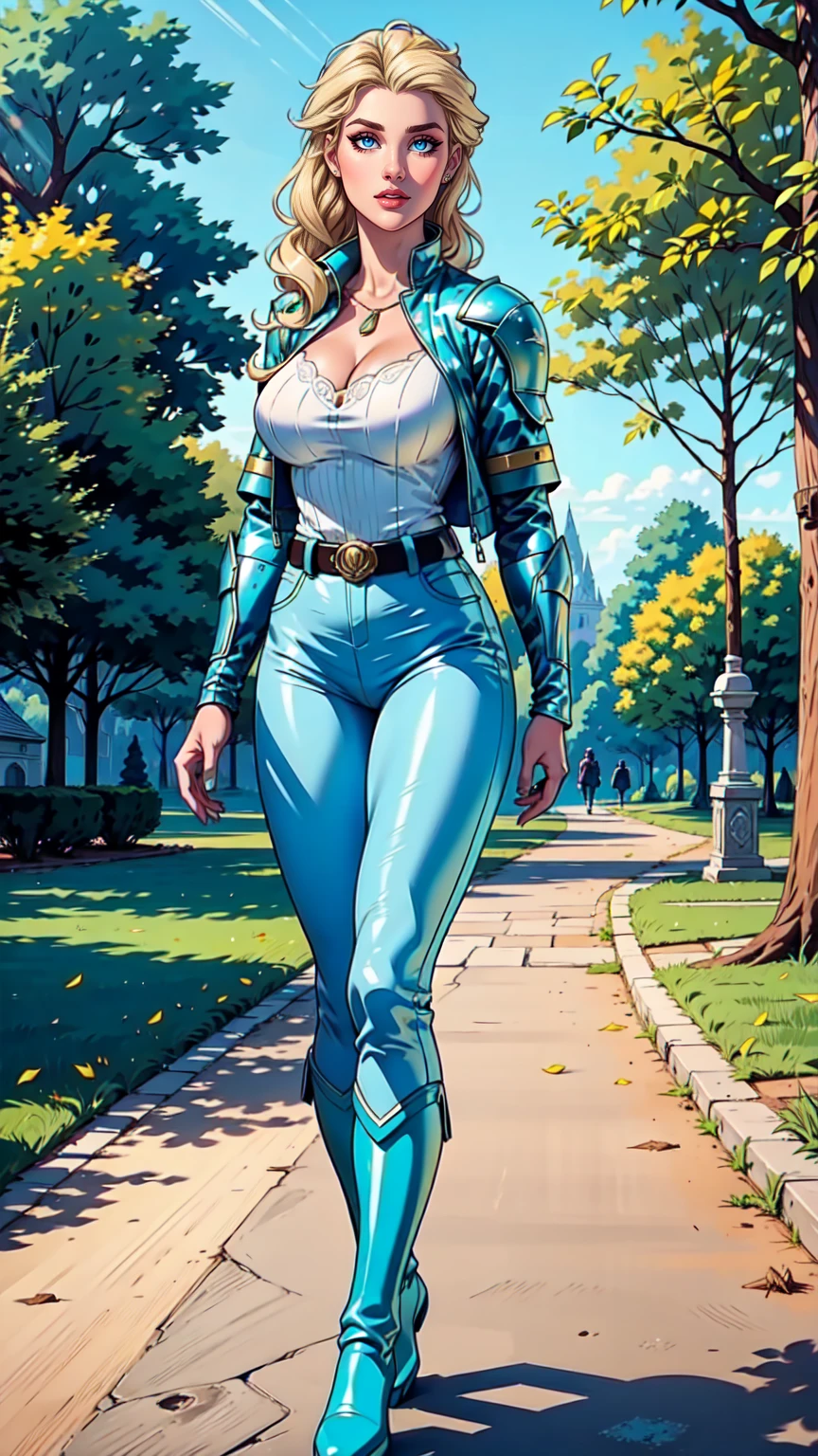 Elsa,High definition,high resolution,Ultra-realistic,8K,blonde curly hair,blond long curly hair,cyan blue Crop Leahter Jacket, digitalcamouflage,Cyan Blue Body Armor, big breasts,belt,long cyan blue Trousers, cyan blue boots, standing in a Park