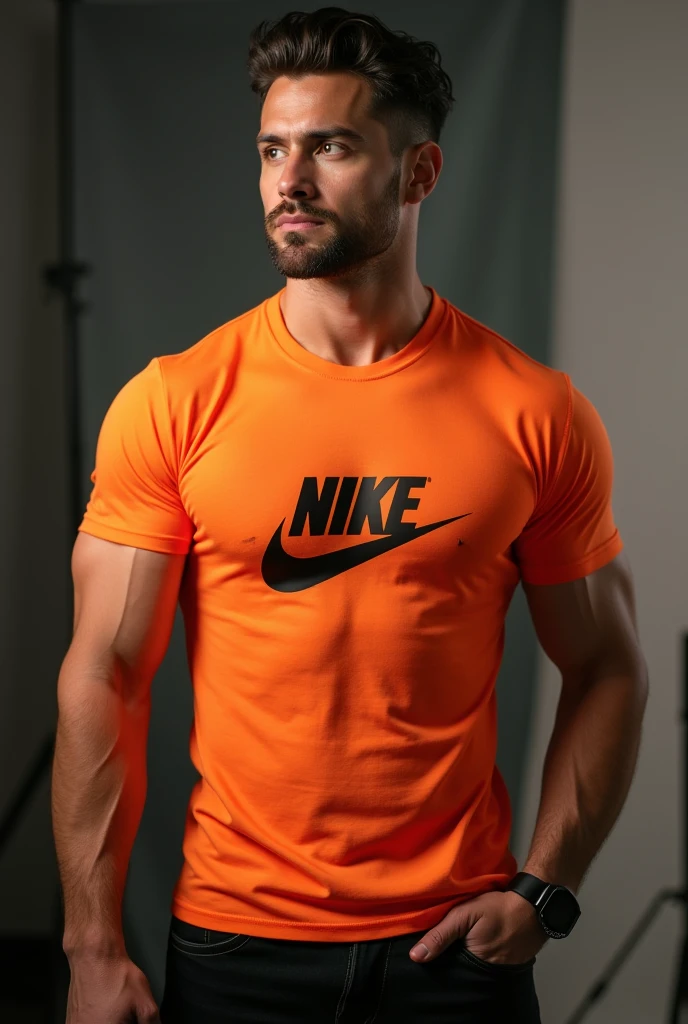 An athletic man is wearing a basic orange T-shirt.  Idade 26 anis. He's inside a bodybuilding gym. Rosto evidente bem focado e detalhado. olhos bonitos. Detalhes do rosto bem definido.