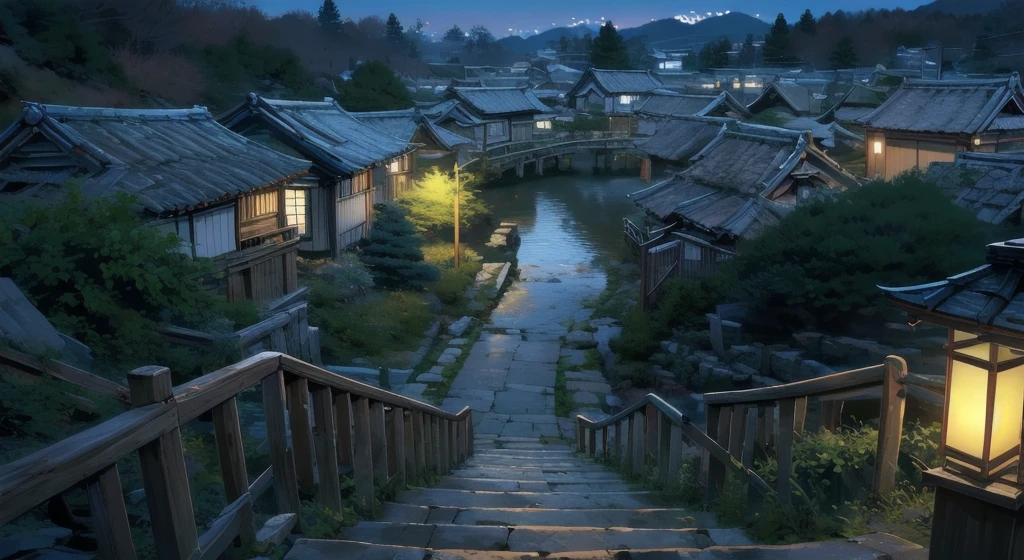 (masterpiece:1.3),(best quality:1.1)japanese village,dawn,full_shot,wide_shot,science fiction,night,from above,lantern light,scenery,park,villagescape,no humans,scenery,ttcolor,colorful,