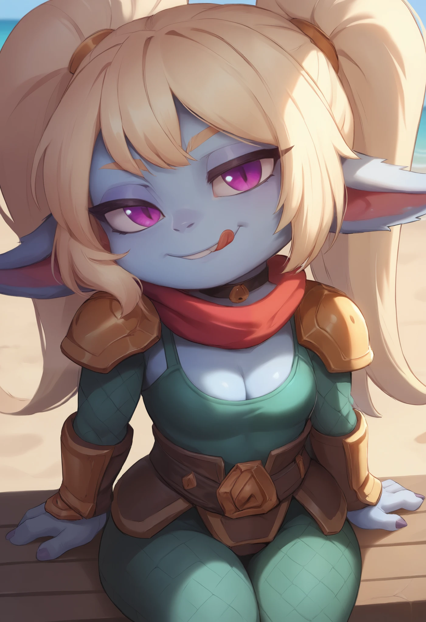 score_9, score_8_up, score_7_up, rating_safe, 1girl, (shortstack:1.3), cute, p0ppy, yordle, blonde hair, blue skin, big twintails, shoulder armor, small breasts, huge hips.(head tilt:1.3), smug, bedroom eyes, close-up, cleavage, scarf, tongue out, against wall, solo, 4 fingers.  choker. swimsuit, a sun hat. beach. sitting