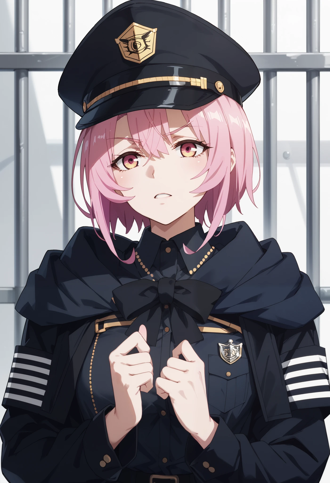 score_9,score_8_up,score_7_up,,solo,smart_sitri,short_hair,pink_hair,(((black prison guard oficcer unifor,,black officer hat)))