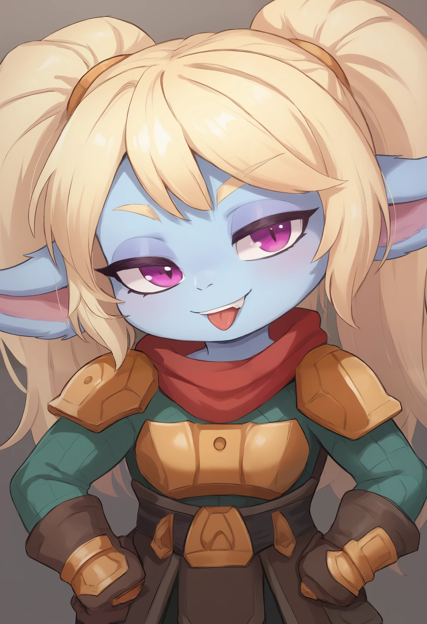 score_9, score_8_up, score_7_up, rating_safe, 1girl, (shortstack:1.3), cute, p0ppy, yordle, blonde hair, blue skin, big twintails, armor, shoulder armor, small breasts, huge hips.(head tilt:1.3), smug, bedroom eyes, close-up, cleavage, scarf, tongue out, against wall, solo, hand on hip, 4 fingers Show less