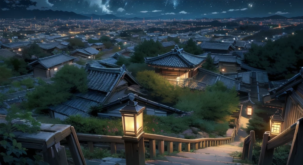 (masterpiece:1.3),(best quality:1.1)japanese village,dusk,full_shot,wide_shot,science fiction,night,from above,lantern light,scenery,park,villagescape,no humans,scenery,ttcolor,colorful,