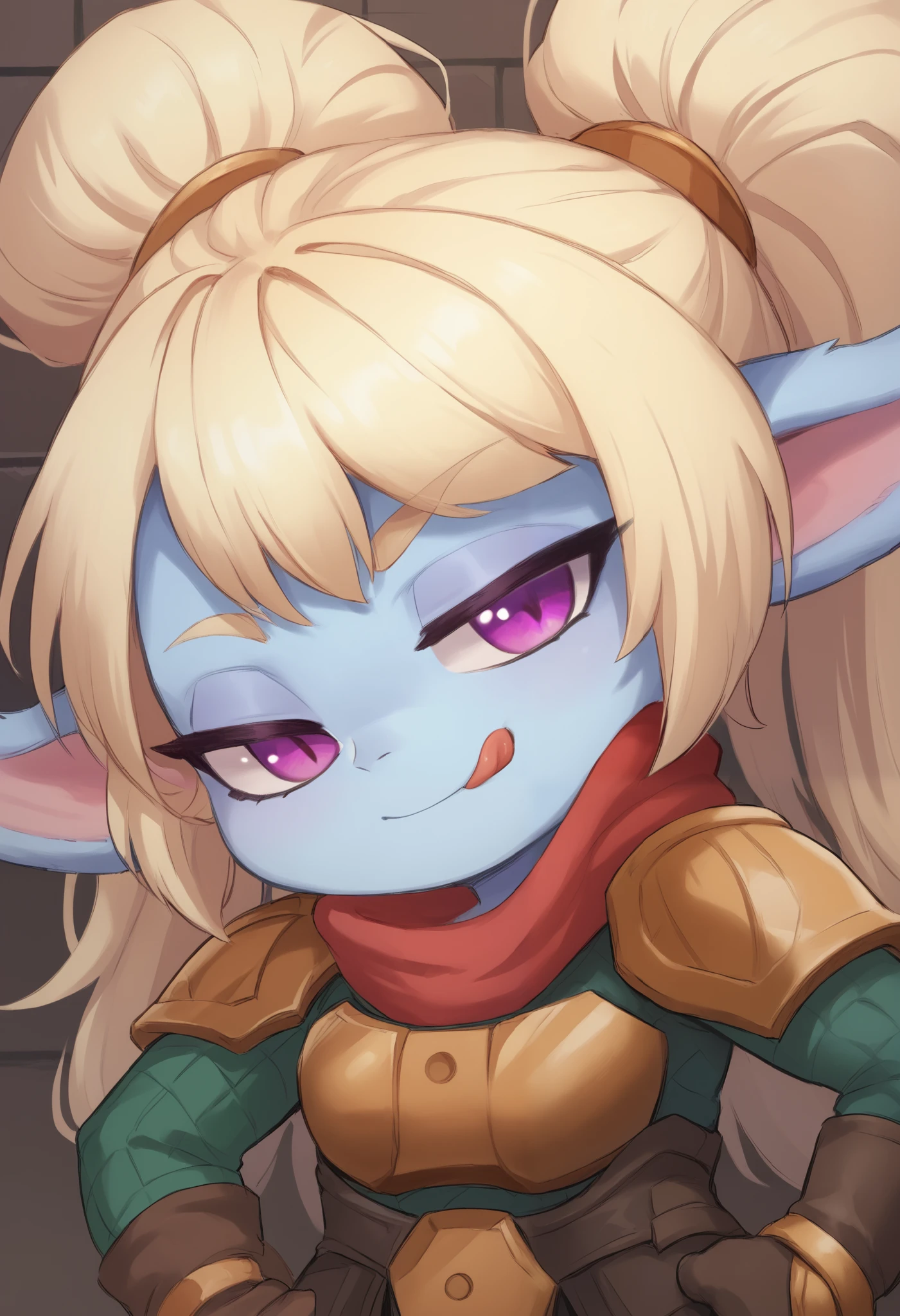 score_9, score_8_up, score_7_up, rating_safe, 1girl, (shortstack:1.3), cute, p0ppy, yordle, blonde hair, blue skin, big twintails, armor, shoulder armor, small breasts, huge hips.(head tilt:1.3), smug, bedroom eyes, close-up, cleavage, scarf, tongue out, against wall, solo, hand on hip, 4 fingers Show less