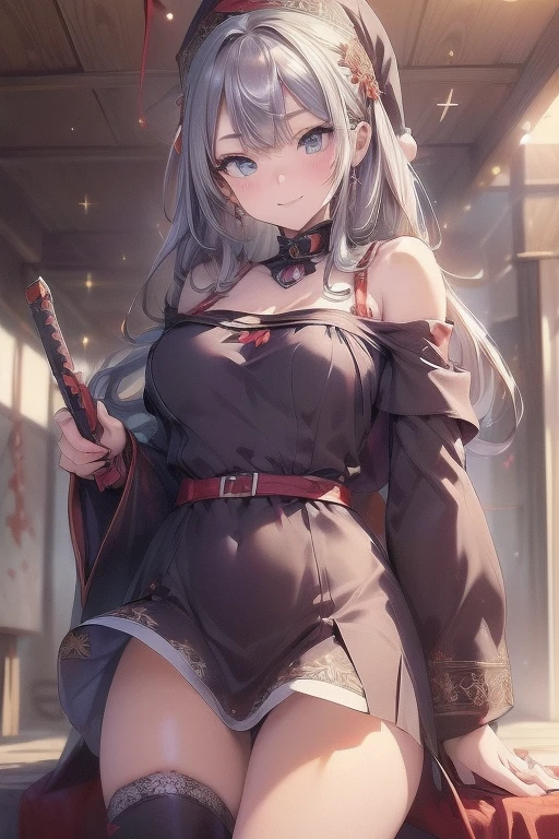 (from below:1.2),((1girl, silver hair, long hair, qutel blue eyes, beautiful eyes, pretty smile:1.5, ), ( off-shoulder dress:1.2, sweater dress:1.2, santa hat, black tights, santa boots), (((holding ominous japanese sword:1.1 ))), ((battlescene,slashilg,killing the mafia,blood splash)), (outdoor, party room, christmas party), ((masterpiece:1.5)), ((best quality:1.5)), (ultra-detailed:1.5), (cinematic lighting, cinematic posing), (goddess smile:1.1),(with sparkling eyes and a contagious smile),her thin pubic hair:1.2, off-shoulder dress, sweater dress, Purplish blue eyes that dreamers desire, small stature, medium , Lori face, (masutepiece:1.2, Best Quality), (finely detailed beautiful eye: 1.2), (beautifull detailed face), (perky chest:1.2), (pointed chest:1.1), (bra magazine cover:1.3),(with sparkling eyes and a contagious smile),her thin pubic hair:1.2, looking at viewer