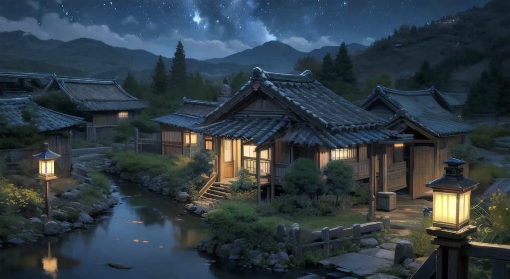 (masterpiece:1.3),(best quality:1.1)japanese village,noon,full_shot,wide_shot,science fiction,night,from above,lantern light,scenery,park,villagescape,no humans,scenery,ttcolor,colorful,