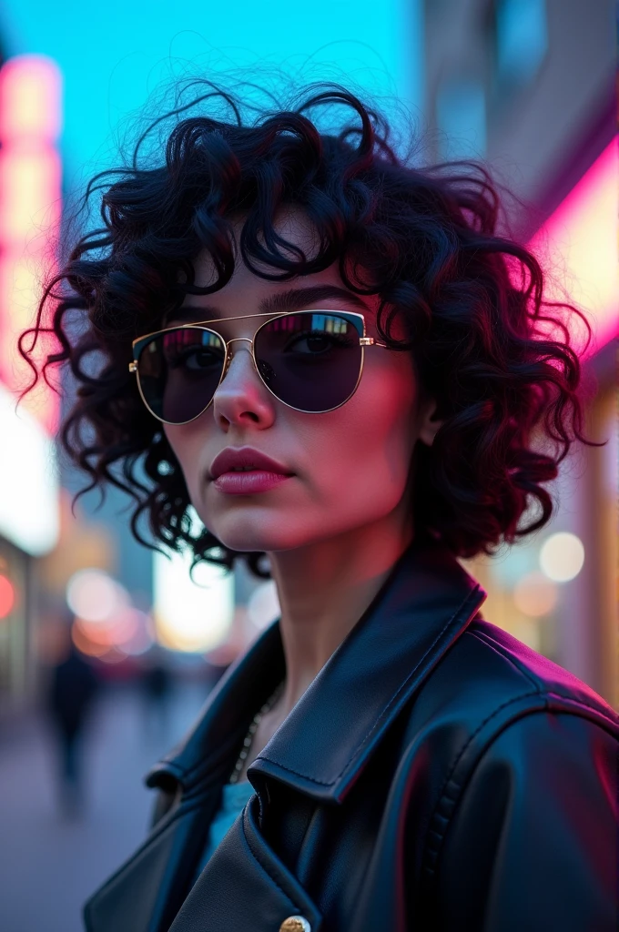 Portrait of an attractive beautiful tamil woman with black, (( big chest)),inspirada em "Jenna Ortega"(altamente detalhado: 1.2), Hyper-detailed eyes and use of high-tech sunglasses with holographic display 1.2), seductive look, hyper realsitic ,