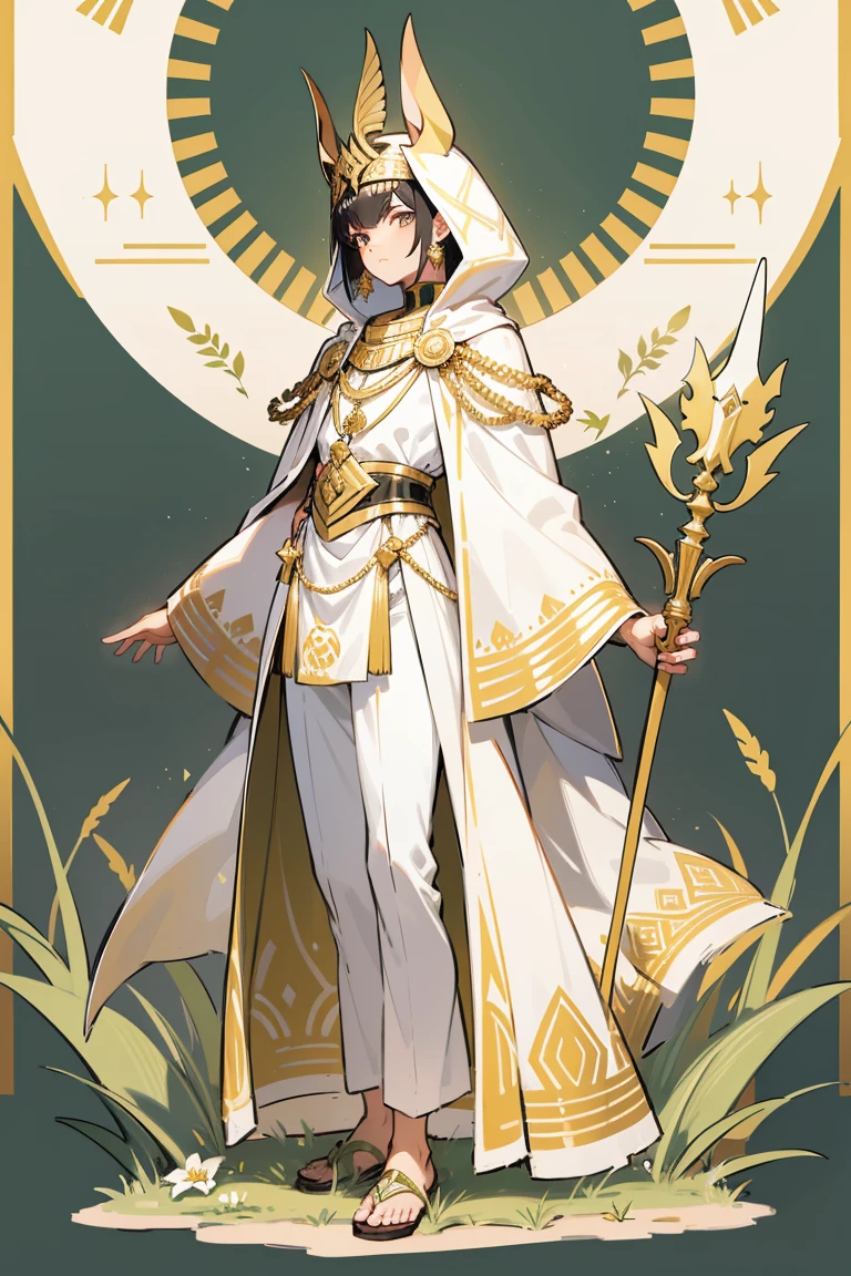  men, , gold ornaments , white cloak ,In a green veil,Short hair,Black hair,Full body,Pharaoh Costume,พื้นหลังสถาปัตยกรรมEgyptian , Judge,Egyptian ,flower field background,Holds a stick,Hell background ,Dead people