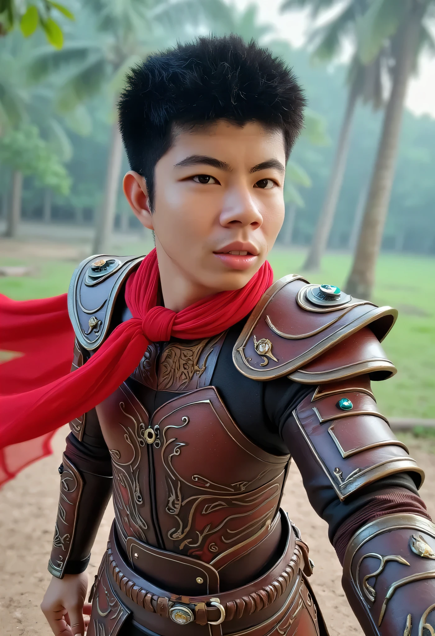 "Create a vivid illustration of a young warrior in a fantasy setting. The character wears intricate leather armor with red accents, adorned with metallic details and gemstones. A flowing red scarf adds dynamic movement, while the background suggests a mystical outdoor scene with soft green and blue hues. The overall composition portrays confidence and a touch of mystery."

