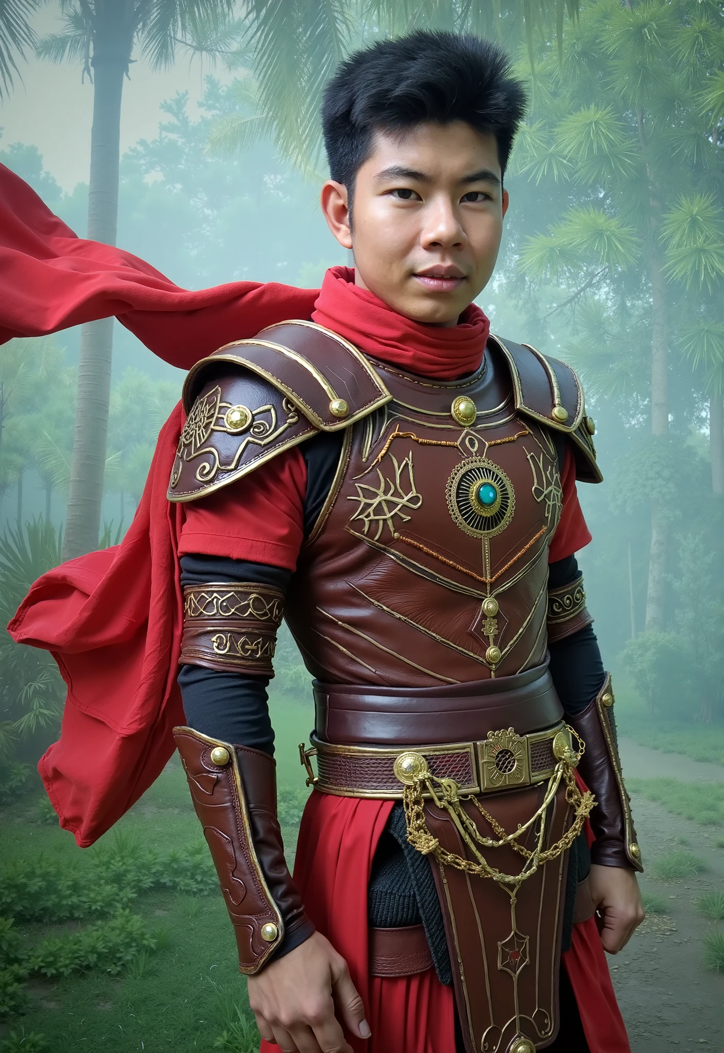 "Create a vivid illustration of a young warrior in a fantasy setting. The character wears intricate leather armor with red accents, adorned with metallic details and gemstones. A flowing red scarf adds dynamic movement, while the background suggests a mystical outdoor scene with soft green and blue hues. The overall composition portrays confidence and a touch of mystery."

