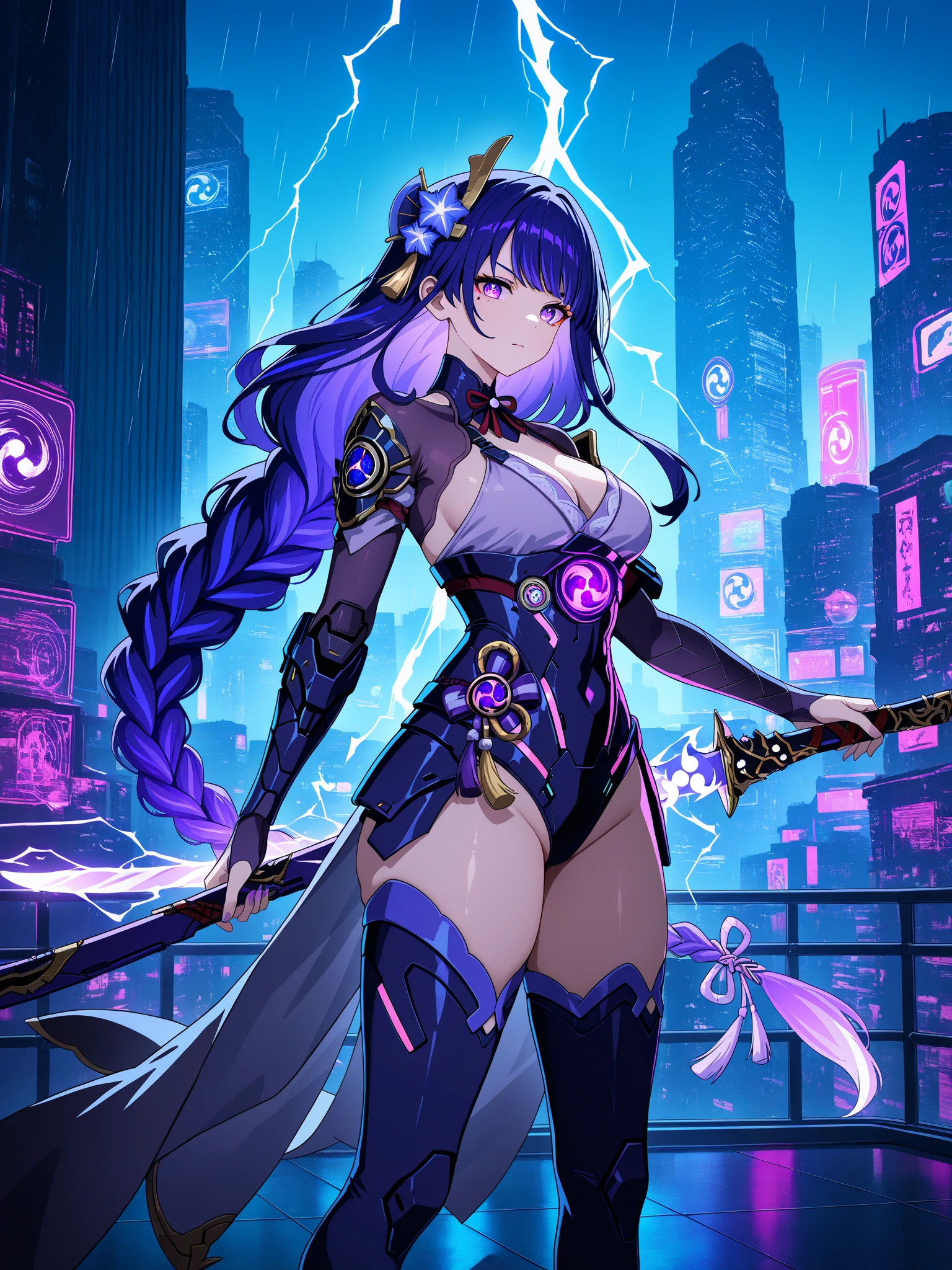 komi shouko, (komi shouko wearing a k/da all out ahri cosplay), ahri \(league of legends\), league of legends, 1girl, k/da (league of legends), animal ears, solo, fox ears, long hair, purple hair, hand on hip, purple eyes, idol, facial mark, looking at viewer, gloves, pink hair, fingerless gloves, whisker markings, large breasts, makeup, lips, skirt, hair ornament, perfect lighting, near a well-detailed black car, on a track in a large city at night (night scene:1.2), HDR, ultra resolution , very detailed, masterpiece, ultra quality, 4K HD