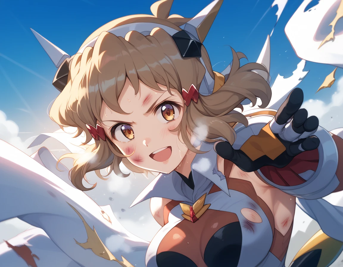  top quality ,  soft light during the cruise,  super high res,  cute, Beautiful face in every detail , High Resolution Details of Human Skin Textures, Shiny Skin,sweat,Heat, white breath ,Take a deep breath,Hibiki Tachibana,Brown Hair,, battle costume,Outdoor Arena,sunlight, serious eyes,Ready,Big eyes, Symphogear ,armed gear , open mouth ,Fighting pose,bruised body, has weapons, hair ornament, torn clothes ,Short Hair,smile