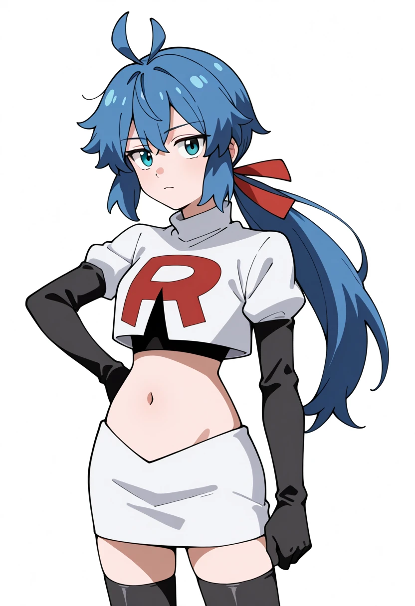 (Masterpiece) (High Detail) (High Res) A short little slim humanoid girl with pale human skin and blue eyes and long blue hair and blue dog ears and a fluffy blue dog tail and average breasts. She is wearing the Team Rocket Uniform and is pointing angrily.