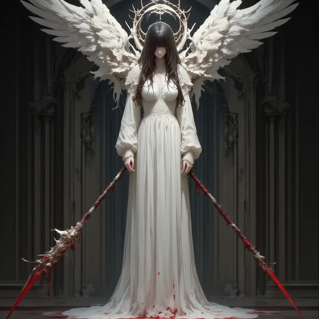 deadly horror,A haunting and dramatic depiction of a fallen angel standing in a pool of blood against a dark, cavernous background. The angel's long, flowing white gown is stained with streaks of blood, contrasting sharply with the purity symbolized by the garment. Large, detailed wings spread wide, with feathers illuminated by subtle, ethereal lighting. The angel's head is bowed in sorrow or despair, with long, wavy hair cascading down, partially obscuring their face. The surrounding environment is ominous, with walls that appear damp and dripping with red liquid, enhancing the sinister atmosphere. The overall tone is dark and gothic, emphasizing themes of tragedy, suffering, and redemption, with scythe