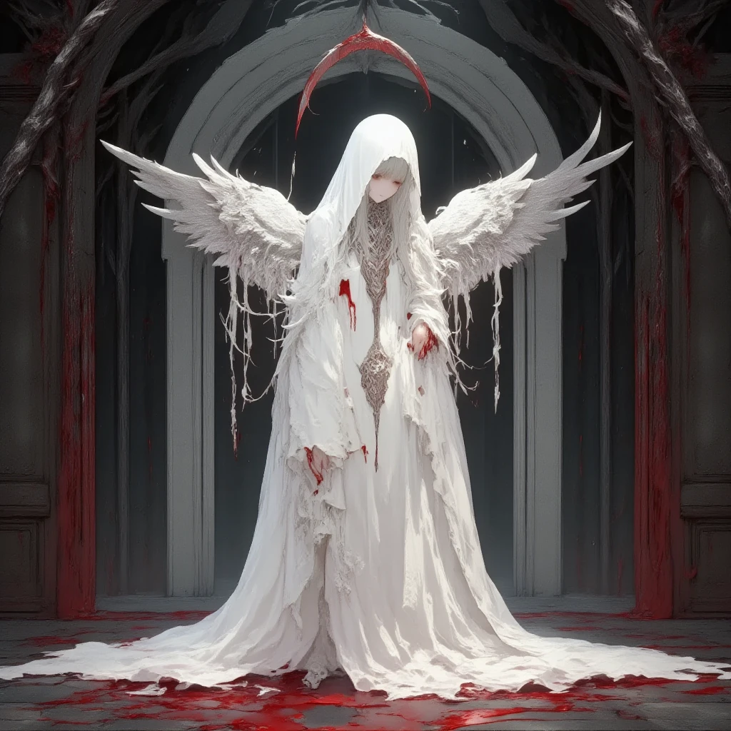 deadly horror,A haunting and dramatic depiction of a fallen angel standing in a pool of blood against a dark, cavernous background. The angel's long, flowing white gown is stained with streaks of blood, contrasting sharply with the purity symbolized by the garment. Large, detailed wings spread wide, with feathers illuminated by subtle, ethereal lighting. The angel's head is bowed in sorrow or despair, with long, wavy hair cascading down, partially obscuring their face. The surrounding environment is ominous, with walls that appear damp and dripping with red liquid, enhancing the sinister atmosphere. The overall tone is dark and gothic, emphasizing themes of tragedy, suffering, and redemption, with scythe