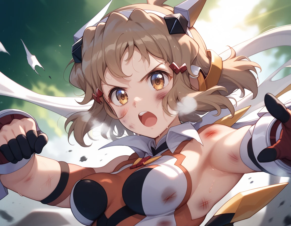  top quality ,  soft light during the cruise,  super high res,  cute, Beautiful face in every detail , High Resolution Details of Human Skin Textures, Shiny Skin,sweat,Heat, white breath ,Take a deep breath,Hibiki Tachibana,Brown Hair,, battle costume,Outdoor Arena,sunlight, serious eyes,Ready,Big eyes, Symphogear ,armed gear , open mouth ,Fighting pose,bruised body, has weapons, hair ornament, torn clothes ,Short Hair, is staring