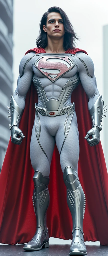 Full body photorealistic handsome hunky young slender futuristic young Superman with black long hair wearing a white and silver micro scale textured costume red detailed on the costume and silver  gloves and boots, and wristbands that  manipulate brain energy , his body is covered with silver bursting energy,, silver eyes. future city as the background 