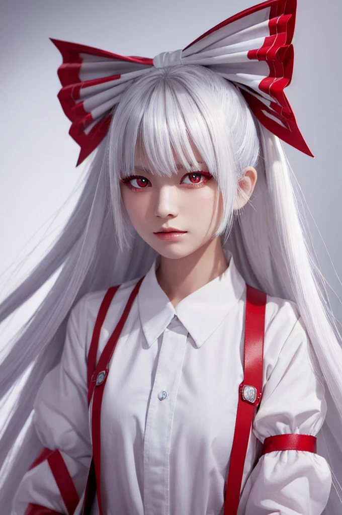 masterpiece, highest quality, perfect face, highest resolution, Highest image quality,Detailed depiction of the eyes,fujiwara no mokou.,1 girl solo, she has white hair, red eyes,she is wearing a white shirt,correct hand shape,violent,night, hair ribbon,  white background,((whole body, Stand))