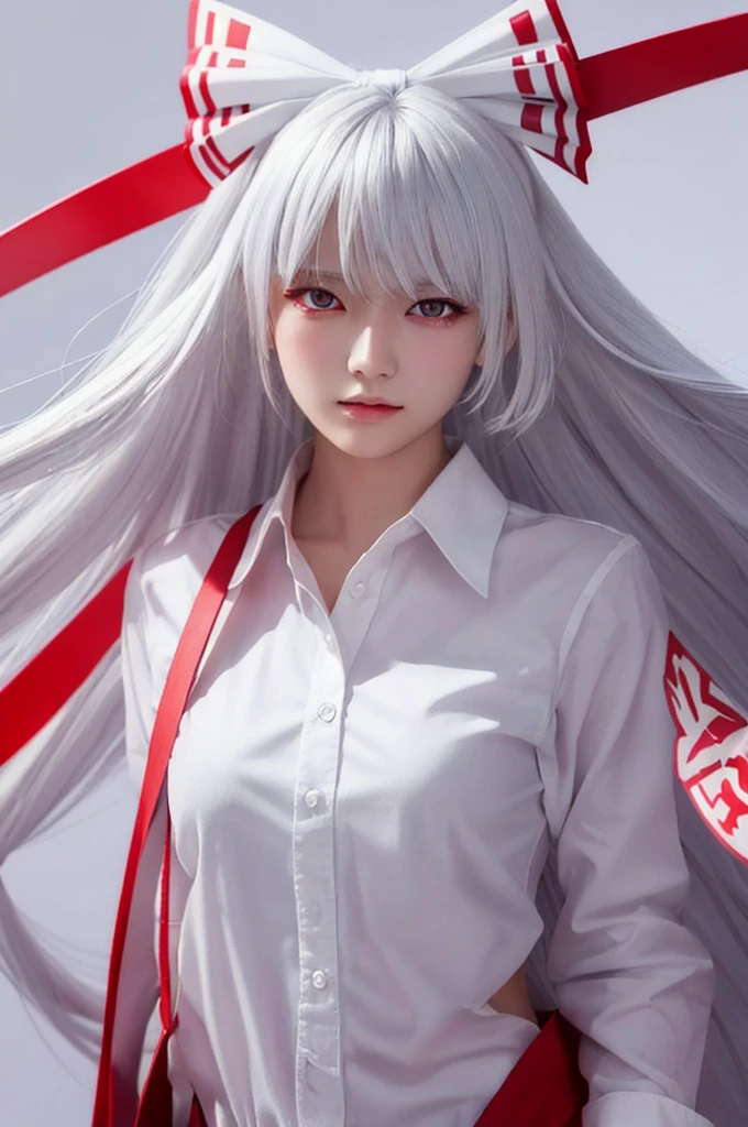 masterpiece, highest quality, perfect face, highest resolution, Highest image quality,Detailed depiction of the eyes,fujiwara no mokou.,1 girl solo, she has white hair, red eyes,she is wearing a white shirt,correct hand shape,violent,night, hair ribbon,  white background,((whole body, Stand))