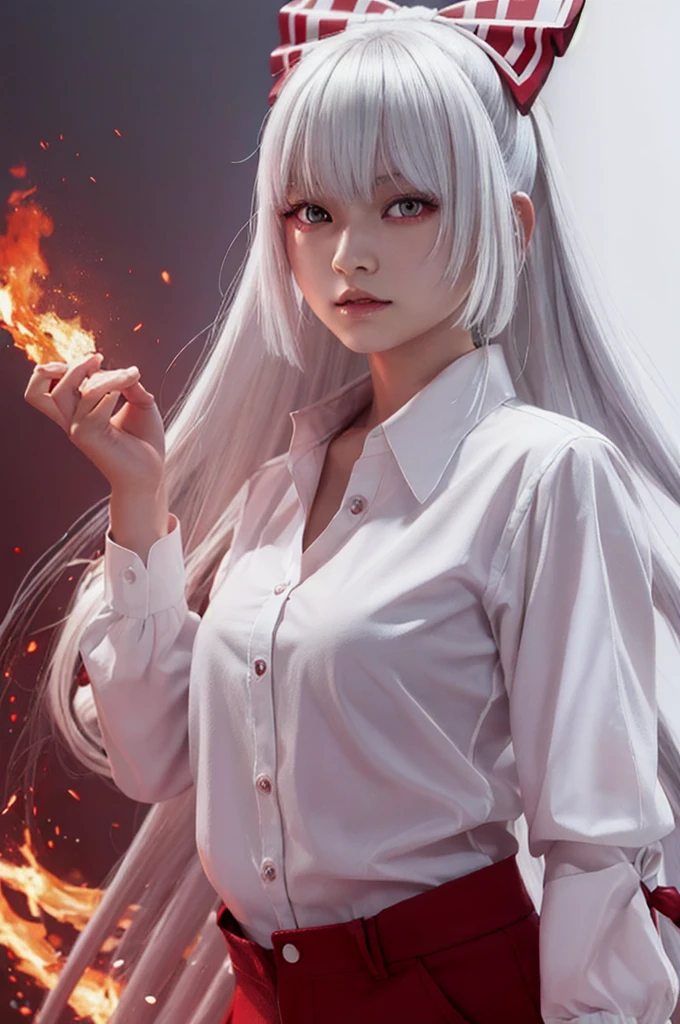 masterpiece, highest quality, perfect face, highest resolution, Highest image quality,Detailed depiction of the eyes,fujiwara no mokou.,1 girl solo, she has white hair, red eyes,she is wearing a white shirt,correct hand shape,violent,night, hair ribbon,  white background,((whole body, Stand))