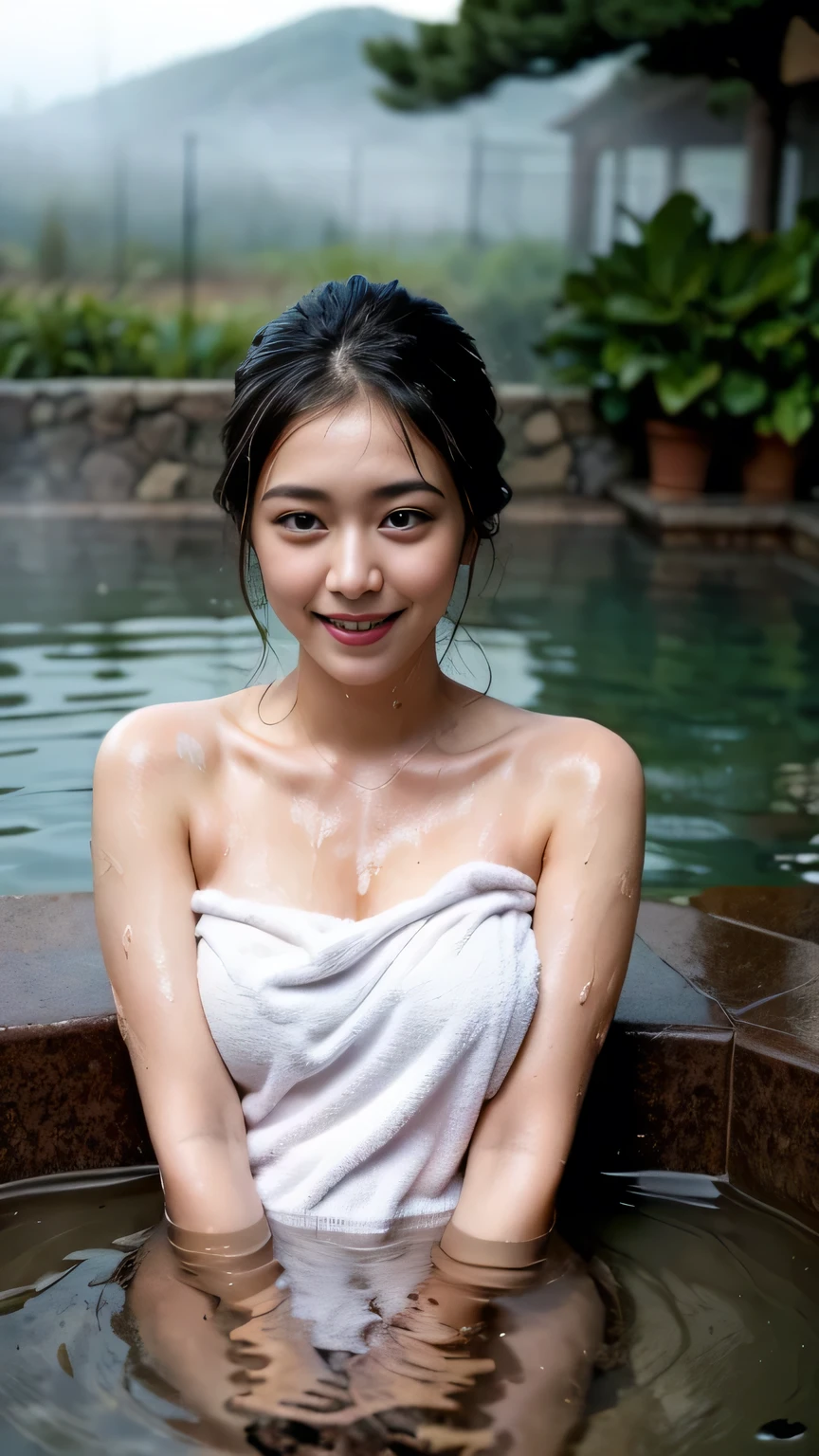 (masterpiece), (best quality:1.4), Ridiculous, [:intricate details:0.2], 1 girl, (naked towel), (fountain, hot spring:1.2), hydrated skin, (FOG:1.2), mist, skin shiny, Glowing skin, (partially submerged in the hot spring:1.2), (wet hair:1.2), mist, wet, moisture,full-body shot