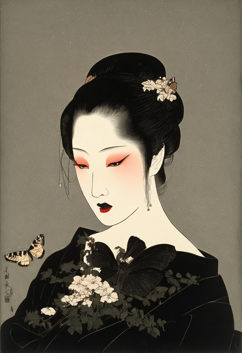  top quality ,8k, score_9,  score_8_ up,  score_7_ up,  Source,Japanese art, Classical art, Ukiyo-e,lost paradise, grief, somber,vintage dusty vibe,  like the movie 品質, break ,alone,sadness,Sensual illustration of an elegant woman,Enma Ai, butterfly ,bug, Bracelet ,blunt bangs,gem, red eyes,Seifuku,japanese school girl,Himecut,bangs,black hair,very long hair,black eye,Detailed woman, ((white skin)), Clear Eyes ,  dark eyeshadow ,  has long eyelashes, Well defined lips,  black lipstick ,hold a skull and snake, sad,  dark,  Melancholic ,   and Gloomy Vibes  ,  like the movie , atmosphere,   introspective  , Emotional, James Gurney, Surrealist art ,  dreamy,  mysterious in another dimension, Provocative, symbolic, ( gothic but very beautiful:1.4), (masterpiece,  top quality :1.4) ,  Nicola Samori style , l’écume des jours, Chloe,  Woman with lots of flowers blooming from her chest