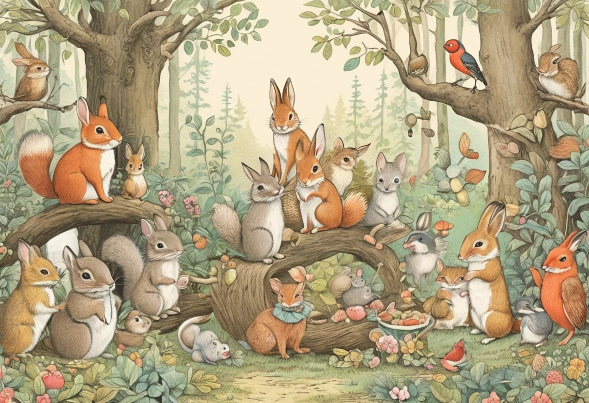 Whimsical forest gathering of woodland animals, storybook illustration style, soft pastel colors, anthropomorphic characters, intricate details. Inspired by Beatrix Potter.