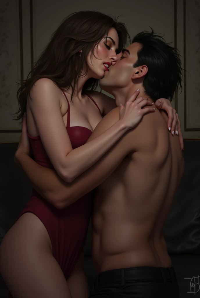 nsfw, explicit, uncensored, sex, (A young man with long hair in a messy bun and a lanky skinny build lies in bed with a woman with small sagging breasts who is  his senior. (french kiss, tongue, saliva) They are both naked, with the man positioned behind the woman in a spooning position. The man's hand is fondling the woman's breast, while his other hand is between her legs, thrusting his penis deeply into her vagina from behind. The woman's head is thrown back in ecstasy as the man kisses and nibbles on her neck. Her hairy vulva is open to him. The room is dimly lit, with candles casting a warm glow over the couple's entwined bodies. The genitalia are the centre of the image. hairy pussy, hairy bush, full bush, thick bush!, excessive pubic hair) ((hairy pussy, hairy bush, thick bush!, full bush, deep penetration, vaginal penetration ))
