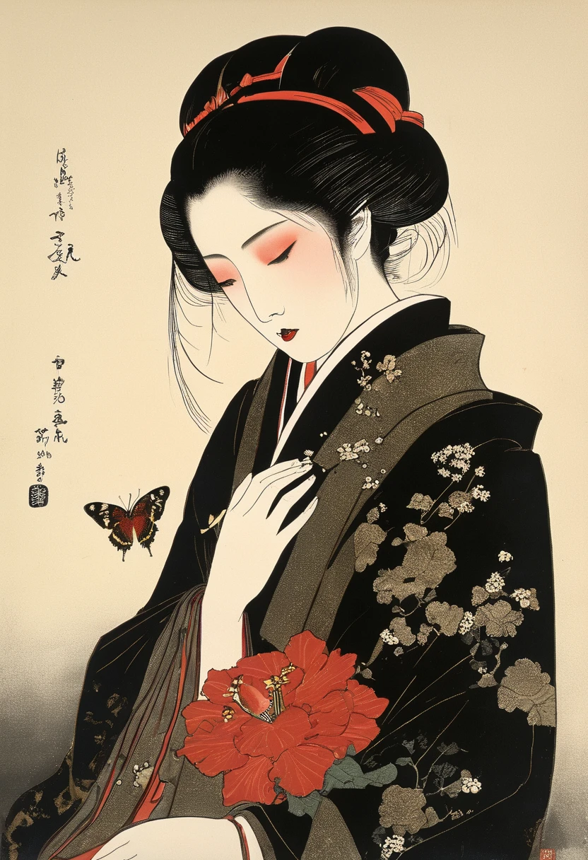  top quality ,8k, score_9,  score_8_ up,  score_7_ up,  Source,Japanese art, Classical art, Ukiyo-e,lost paradise, grief, somber,vintage dusty vibe,  like the movie 品質, break ,alone,sadness,Sensual illustration of an elegant woman,Enma Ai, butterfly ,bug, Bracelet ,blunt bangs,gem, red eyes,Seifuku,japanese school girl,Himecut,bangs,black hair,very long hair,black eye,Detailed woman, ((white skin)), Clear Eyes ,  dark eyeshadow ,  has long eyelashes, Well defined lips,  black lipstick ,hold a skull and snake, sad,  dark,  Melancholic ,   and Gloomy Vibes  ,  like the movie , atmosphere,   introspective  , Emotional, James Gurney, Surrealist art ,  dreamy,  mysterious in another dimension, Provocative, symbolic, ( gothic but very beautiful:1.4), (masterpiece,  top quality :1.4) ,  Nicola Samori style , l’écume des jours, Chloe,  Woman with lots of flowers blooming from her chest