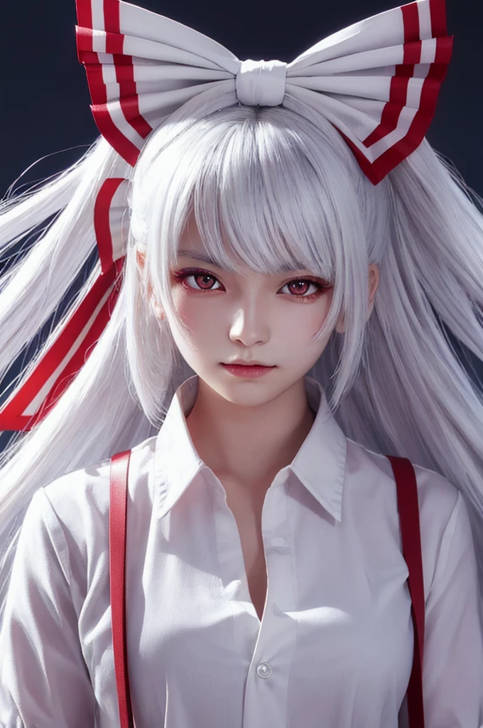 masterpiece, highest quality, perfect face, highest resolution, Highest image quality,Detailed depiction of the eyes,fujiwara no mokou.,1 girl solo, she has white hair, red eyes,she is wearing a white shirt,correct hand shape,violent,night, hair ribbon,  white background,((whole body, Stand))