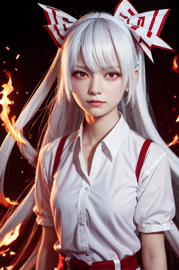 masterpiece, highest quality, perfect face, highest resolution, Highest image quality,Detailed depiction of the eyes,fujiwara no mokou.,1 girl solo, she has white hair, red eyes,she is wearing a white shirt,correct hand shape,violent,night, hair ribbon,  white background,((whole body, Stand))