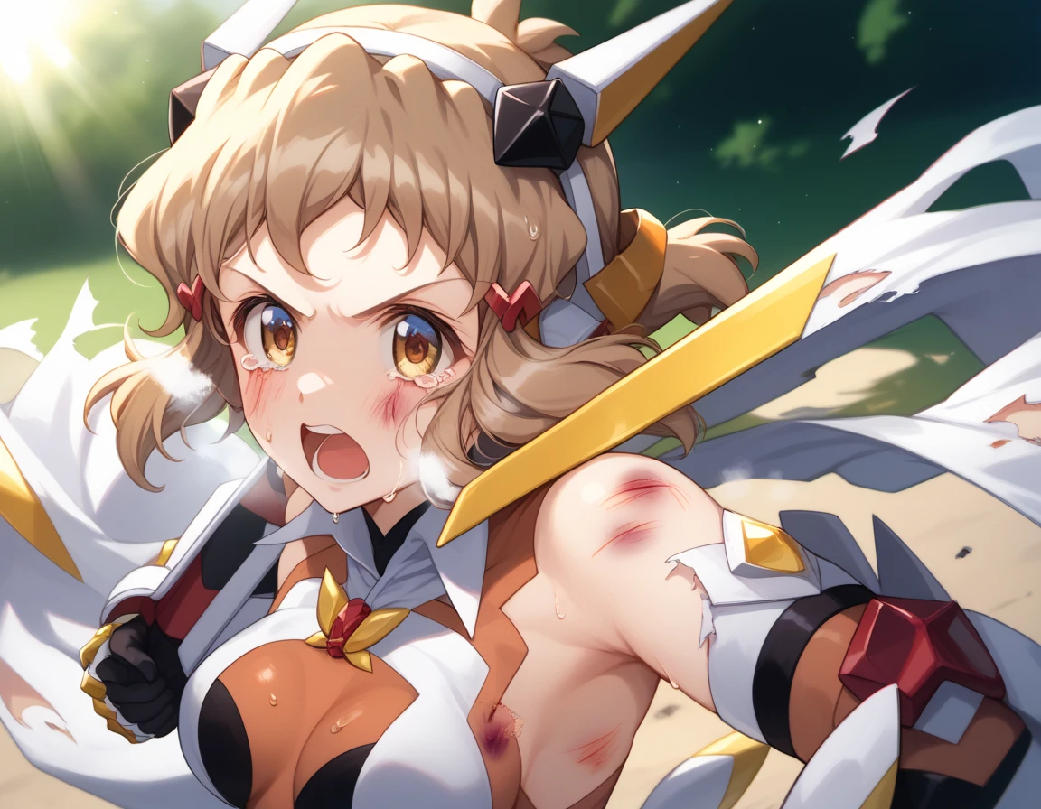  top quality ,  soft light during the cruise,  super high res,  cute, Beautiful face in every detail , High Resolution Details of Human Skin Textures, Shiny Skin,sweat,Heat, white breath ,Hibiki Tachibana,Brown Hair,, battle costume,Outdoor Arena,sunlight, serious eyes,Ready,Big eyes, Symphogear ,armed gear , open mouth ,Fighting pose,bruised body, has weapons, hair ornament, torn clothes ,Short Hair, crying