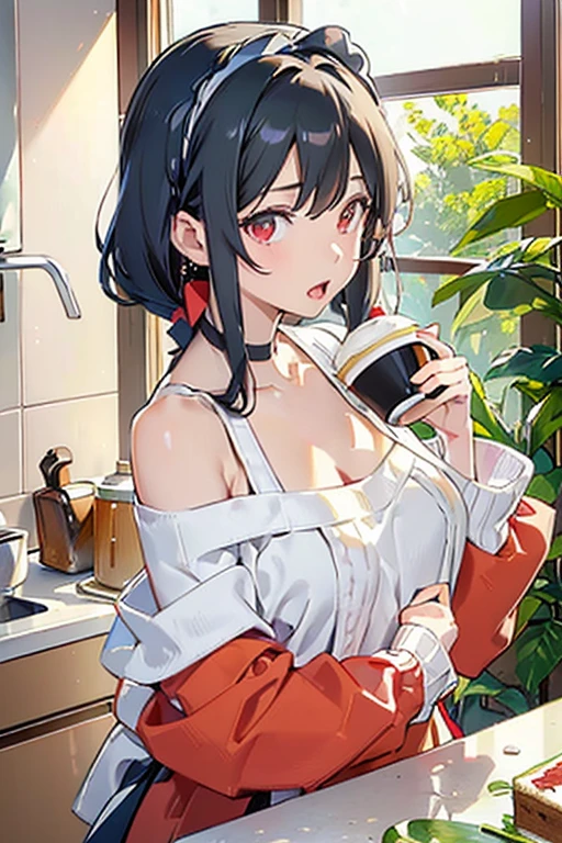 masterpiece, yor, 1girl, Amazing Cleavage:1.3, thin waist, big ass, Raised sexy, medium breast: 1.8 posed cleavage:1.2、solo, looking at viewer, open mouth, have a cup of coffee,black hair, red eyes, dress, bare shoulders, jewelry, collarbone, sidelocks, hairband, earrings, indoors, off shoulder, :o, sweater, arms behind back, plant, short hair with long locks, white hairband, off-shoulder dress, sweater dress, off-shoulder sweater, red sweater, big side hair, very long side hair,is rendered in (masterpiece: 1.2, best quality), with (ultra high resolution) and an exquisite (depth of field). This masterpiece is not only visually stunning but also tells, make of cake cooking ,in the kitchen