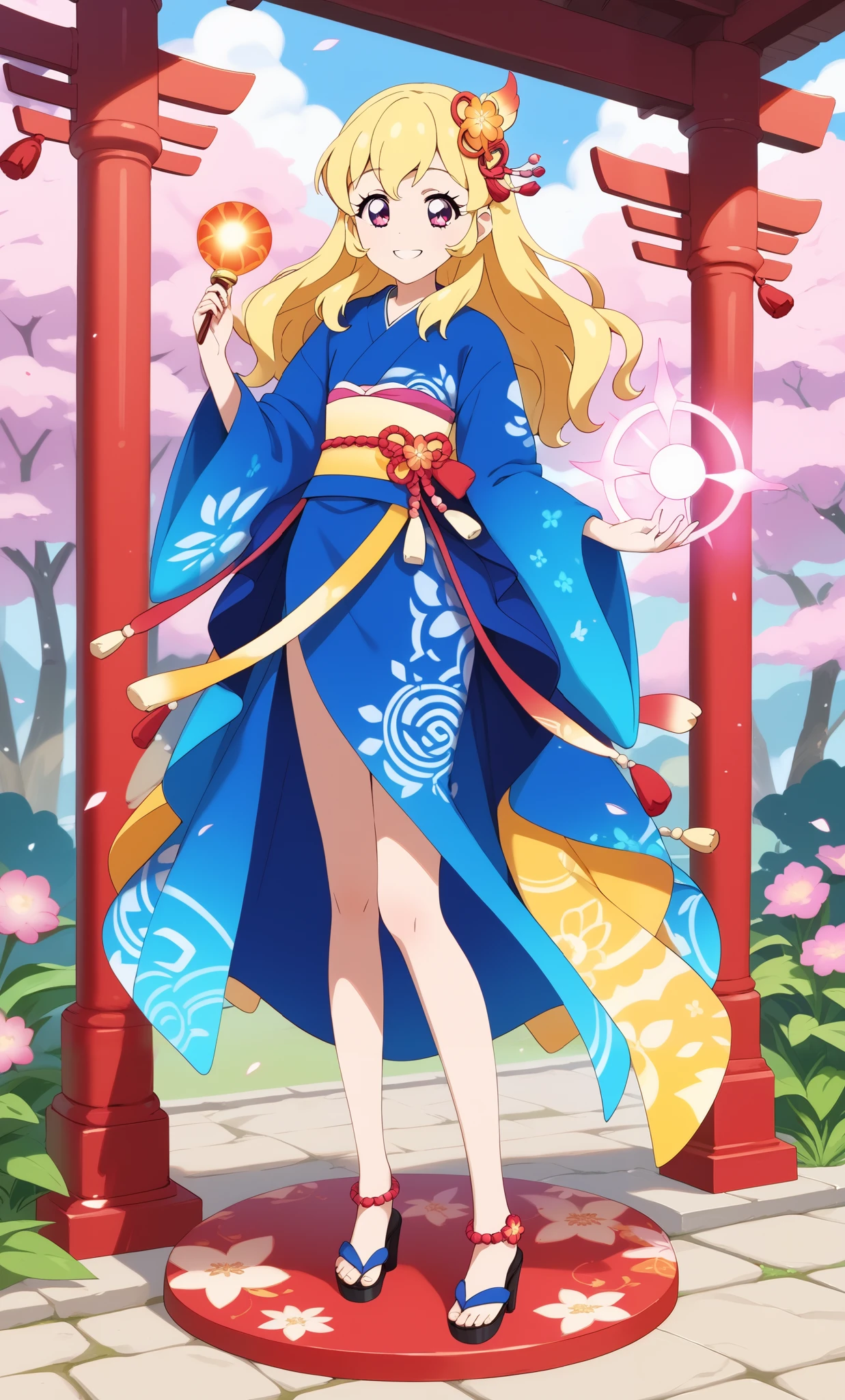 aikatsu,Blonde_HAIR,RED_HAIR_bandmasterpiece,best quality,ultra-detailed,super detailed skin,an extremely delicate and beautiful,beautiful detailed eyes,in1, 8K,miniature,(phantom impact),a little smile,dark effect,camellia flower pattern on kimono(black color),full body paint,,hair ornament,((long yellow hair)),geta,glowing ornament,purple glowing electric shocks,glowing skin, hem,obi clip,in the shrine,solar eclipse