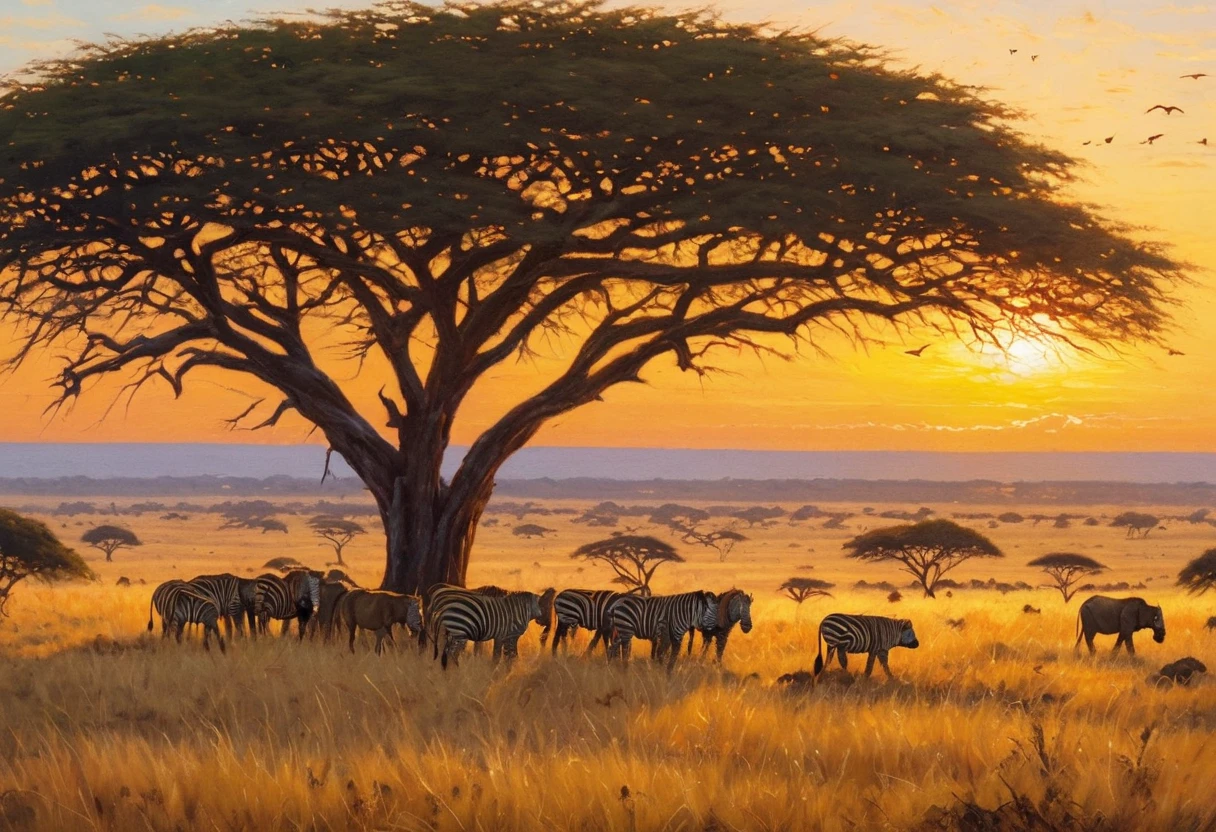 Epic African savanna panorama, oil painting style, golden hour lighting, herds of diverse animals, predators and prey coexisting. Inspired by John Banovich