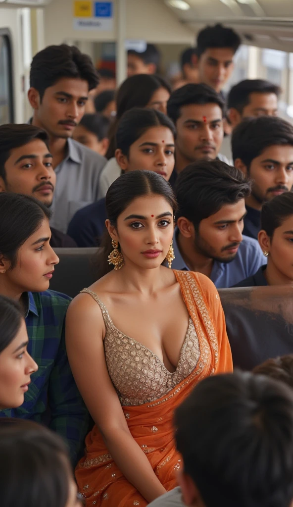 beautiful indian bride transparent saree strapless dress big cleavage sexy navel surrounded and looked  by dense Male indian crowd In a indian local train