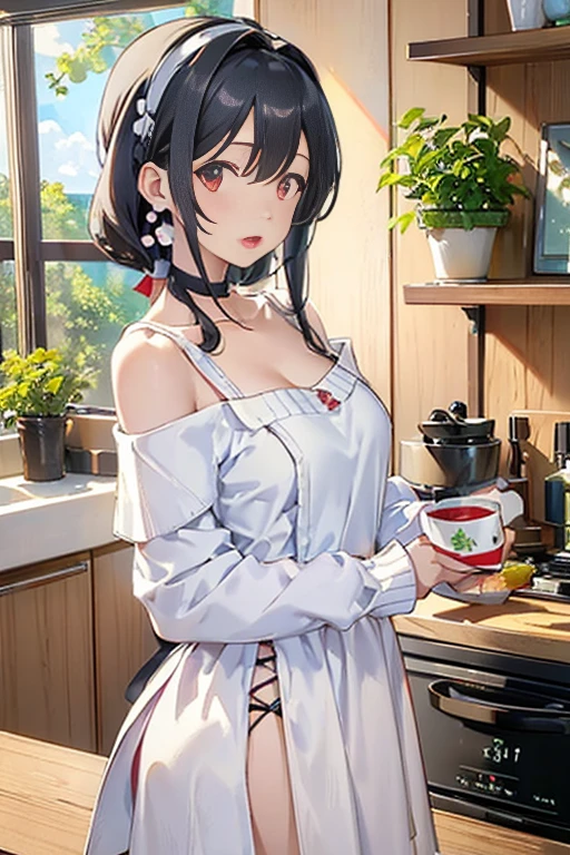 masterpiece, yor, 1girl, Amazing Cleavage:1.3, thin waist, big ass, Raised sexy, medium breast: 1.8 posed cleavage:1.2、solo, looking at viewer, open mouth, have a cup of coffee,black hair, red eyes, dress, bare shoulders, jewelry, collarbone, sidelocks, hairband, earrings, indoors, off shoulder, :o, sweater, arms behind back, plant, short hair with long locks, white hairband, off-shoulder dress, sweater dress, off-shoulder sweater, red sweater, big side hair, very long side hair,is rendered in (masterpiece: 1.2, best quality), with (ultra high resolution) and an exquisite (depth of field). This masterpiece is not only visually stunning but also tells, make of cake cooking ,in the kitchen