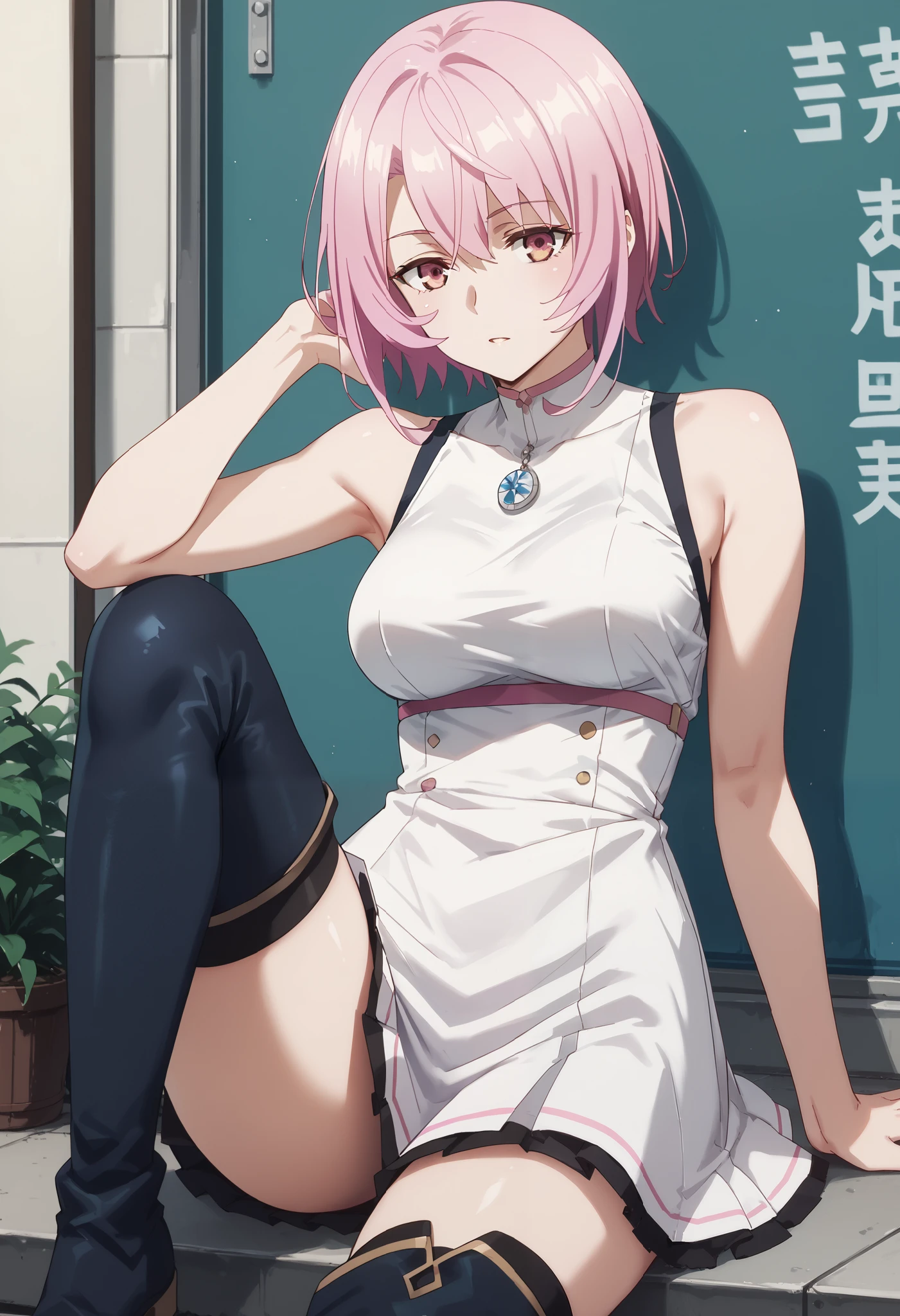 score_9,score_8_up,score_7_up,,solo,smart_sitri,short_hair,pink_hair,AisCasual, sleeveless dress, white dress, short dress, thigh boots, blue footwea