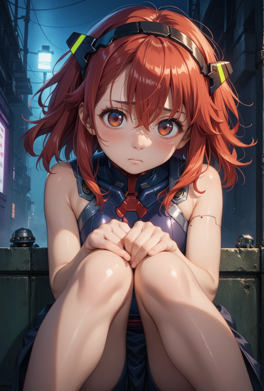 score_9,score_8_up,score_7_up,masterpiece,best quality,8k,dramatic lighting,cold colors,
1girl,solo,looking at viewer,medium hair,bangs,hairband,red eyes,hair ornament,hair between eyes, red hair,fluffy hair,small_breasts,blush shy,shiny_skin,very detailed clothes,very realistic textures,very detailed textures,longeyelashes,brown eye shadow, night,dim light,cyberpunk,mechanical elbows and knees,sci-fi style clothes,hair_tucking,metal material,realistic metallic texture,hands