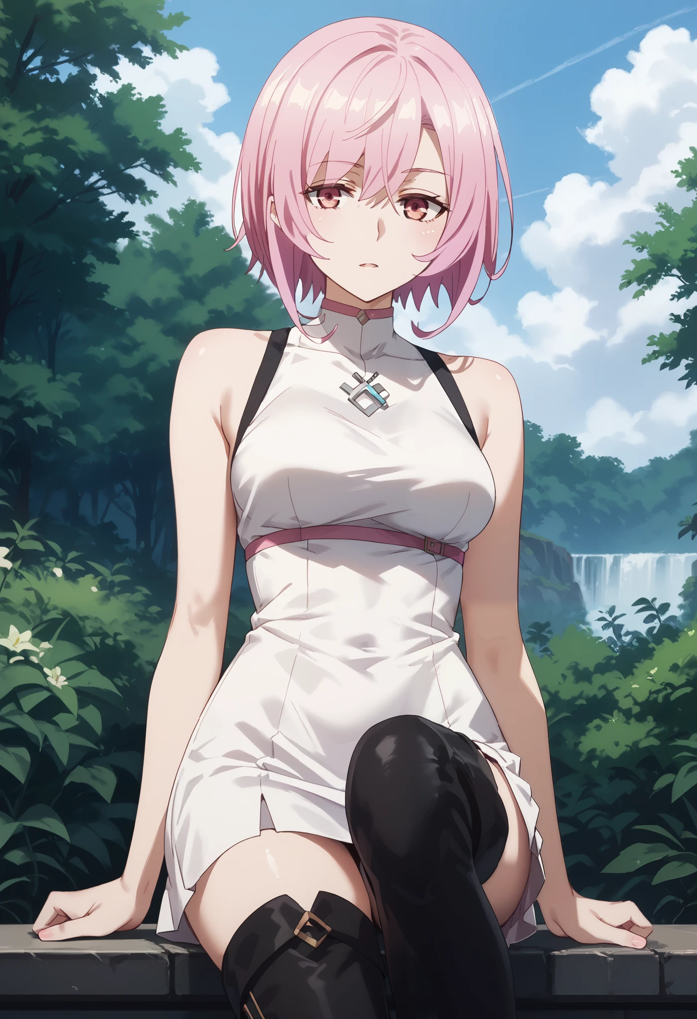 score_9,score_8_up,score_7_up,,solo,smart_sitri,short_hair,pink_hair,AisCasual, sleeveless dress, white dress, short dress, thigh boots, blue footwea