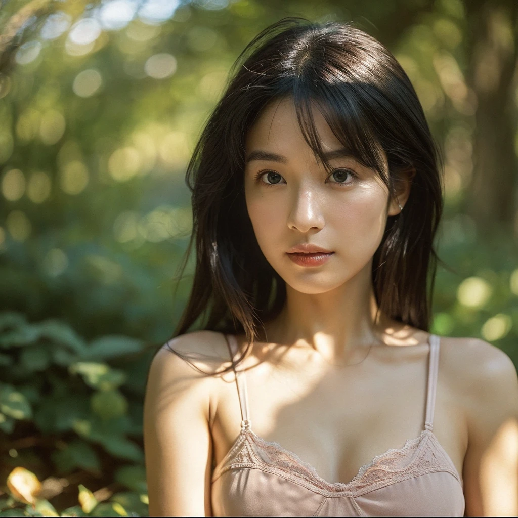 A hyper-realistic image of a single Japanese woman in her early 20s, captured with the nostalgic warmth and subtle graininess of a film camera. Her skin has a warm beige tone with a natural, slightly rough texture that includes visible pores, fine lines, and subtle imperfections such as small blemishes, adding to the authenticity of her appearance. The soft, diffused natural light enhances the film-like quality, casting gentle shadows that create a timeless, organic feel. Her straight, glossy black hair frames her face in a natural, slightly tousled manner, and her deep brown eyes reflect the ambient light, adding depth and emotion. The film camera effect introduces a slight grain and a softer focus, giving the image a warm, nostalgic atmosphere while maintaining the realistic texture of her skin. She is dressed simply, in a way that complements her natural beauty, with the overall composition designed to evoke a sense of genuine, understated elegance. The use of natural light, combined with the deliberately rougher texture of her skin and the film-like qualities, ensures that this image captures the imperfections that make her beauty truly lifelike, focusing solely on this one individual.She has large, ample breasts and wears only attractive, fashionable underwear, which accentuates her cleavage.Be sure to keep your eyes on us.Stylish and very cute three-dimensional bra.A brightly colored pink bra.