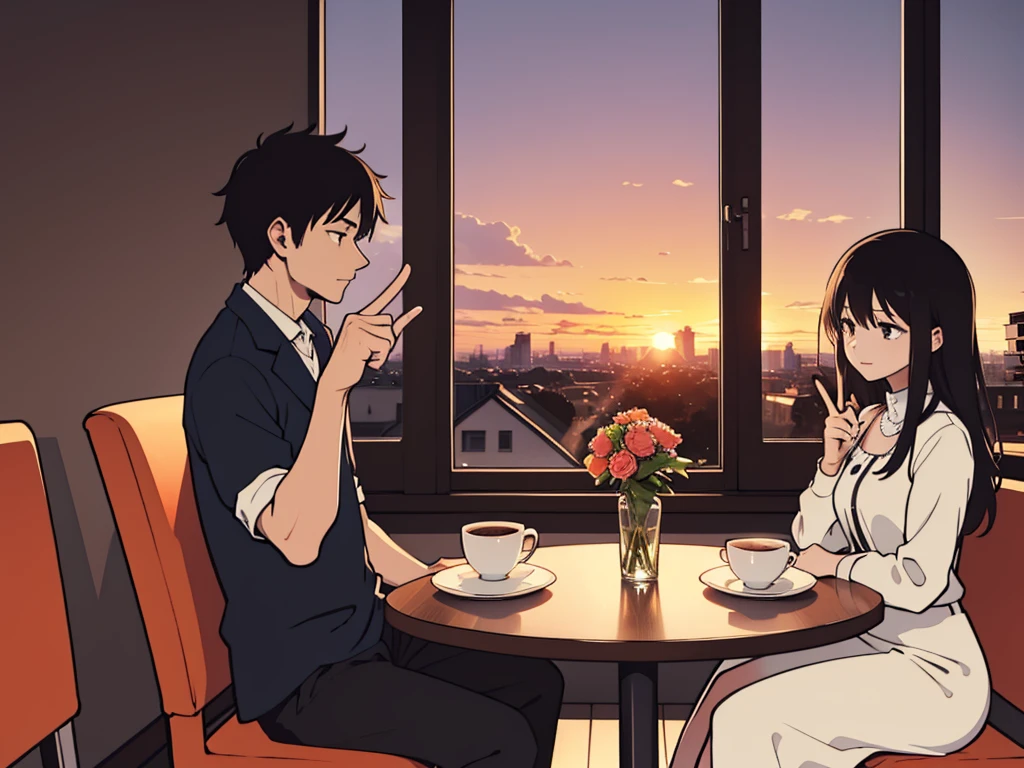 A man and a woman sitting at a cafe table, the woman's feet pointing towards the man, a sunset outside the window, a heart-shaped light between them, romantic atmosphere. Isolate the figures against a pure white background.