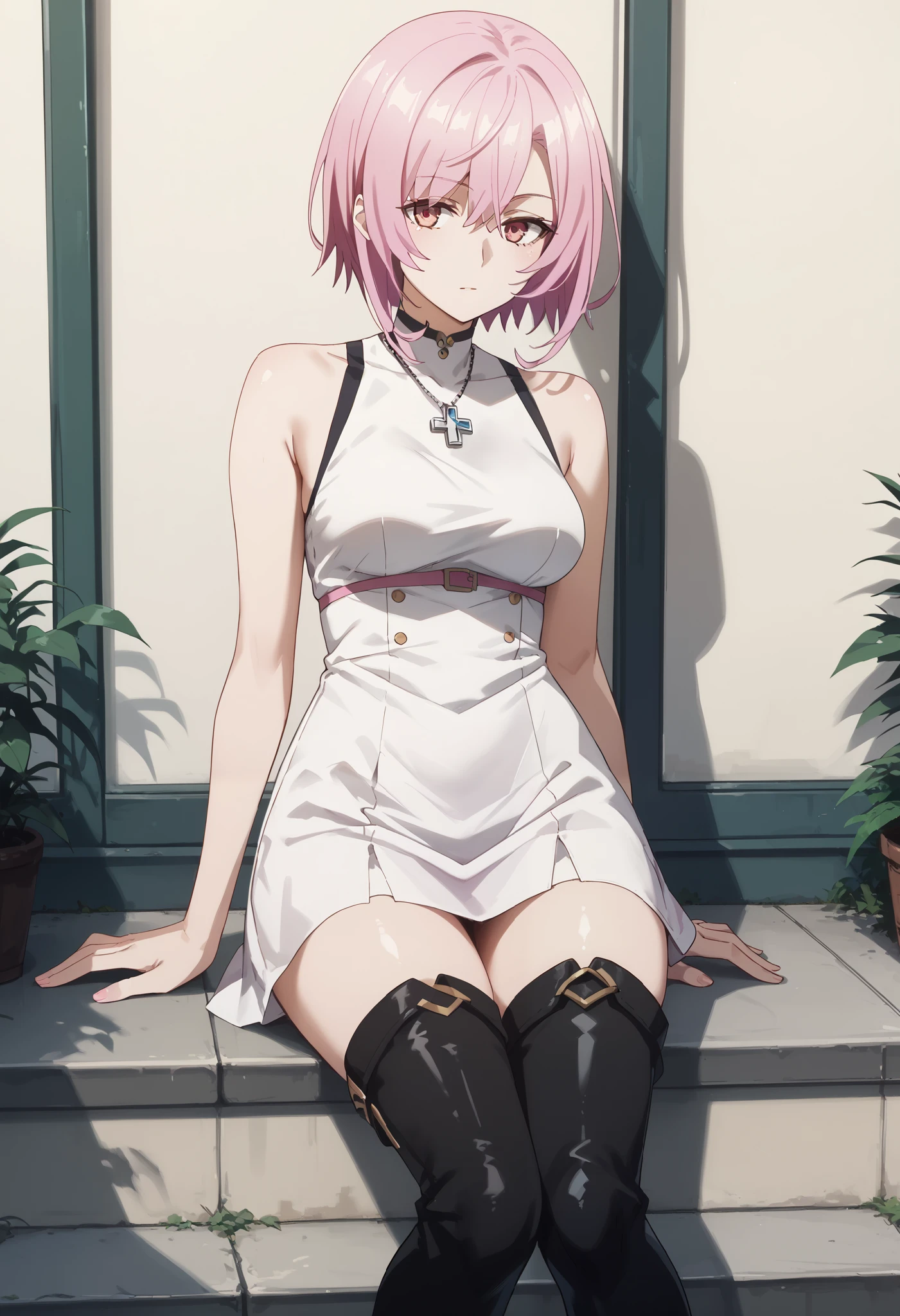 score_9,score_8_up,score_7_up,,solo,smart_sitri,short_hair,pink_hair,AisCasual, sleeveless dress, white dress, short dress, thigh boots, blue footwea