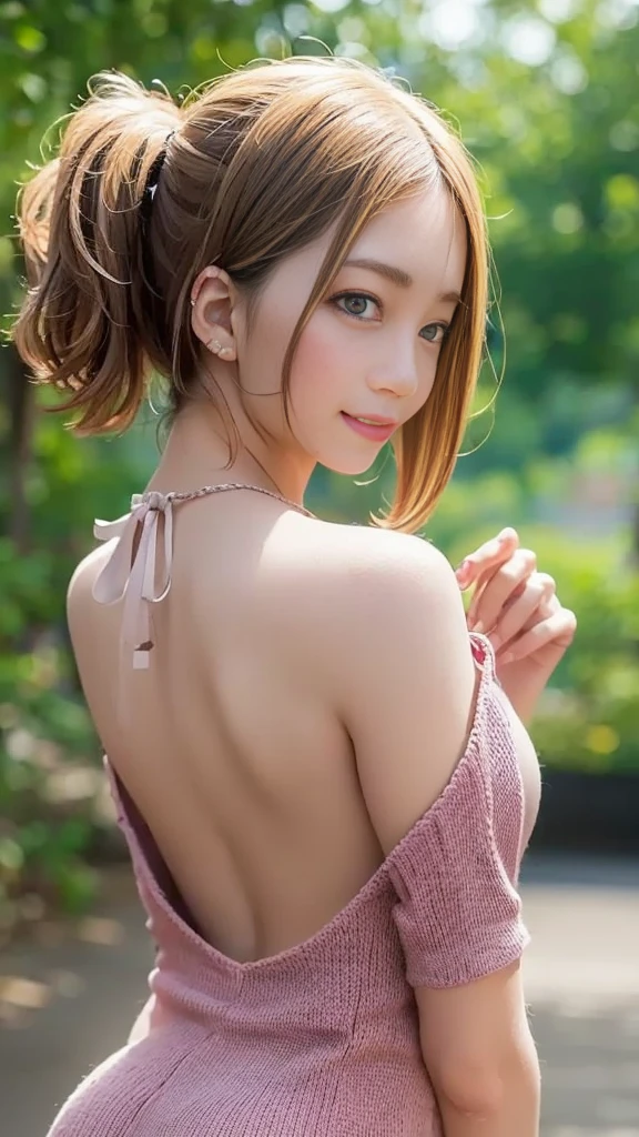 (( sleeveless、 neck holder knit dress with wide open back:1.2))、(Sideboob:1.2)、 cleavage、 1 girl、The back is wide open、turn around、Medium breast、 slender body 、smile、 Sweaters That Kill Virginity、 Highest Masterpieces:1.2、Raw photo quality、 top quality 、 super detailed, etc. coming from behind :1.2、 detailed background、 knitted mini dress with neck holder 、((nsfw:1.2))、