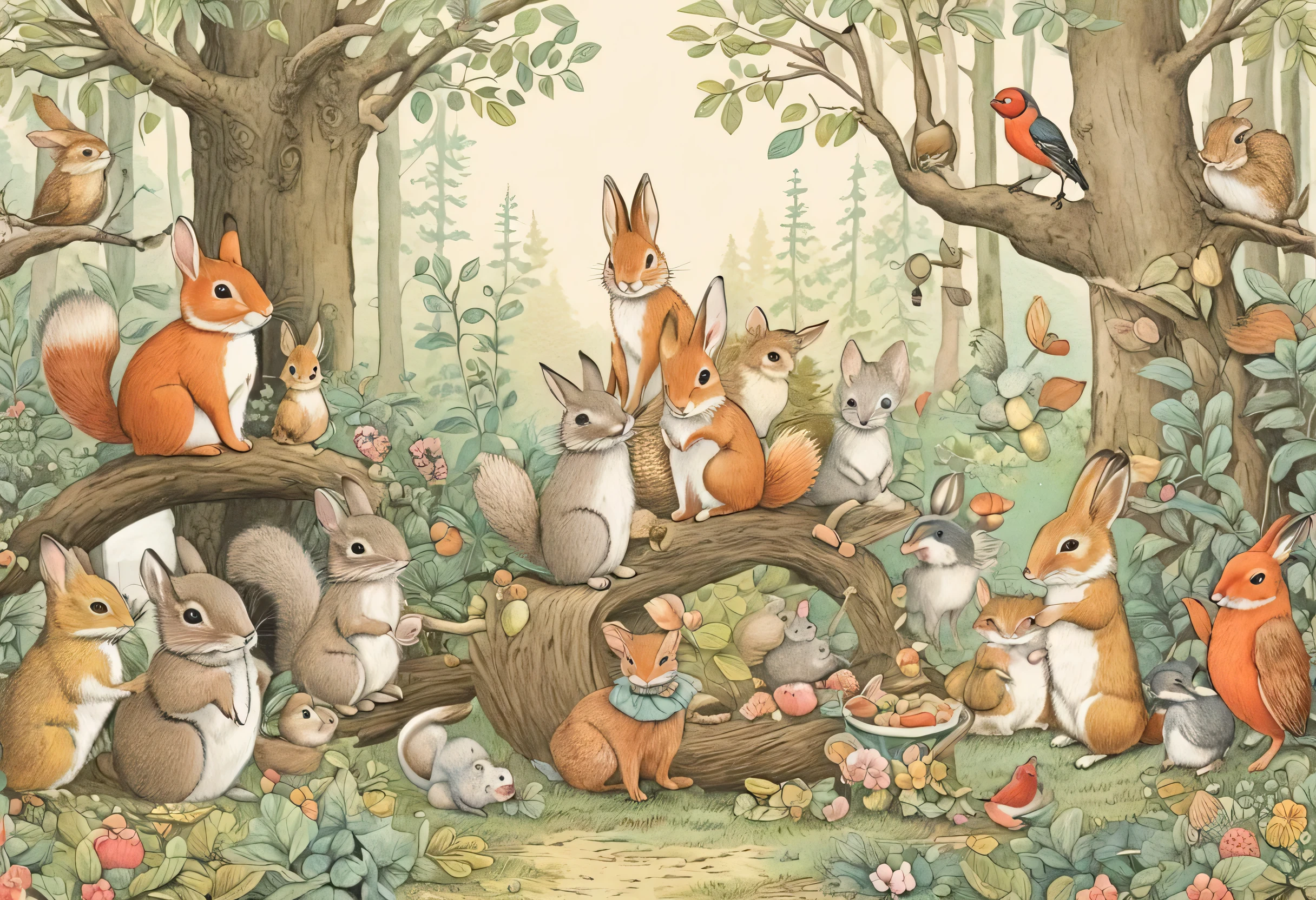 Whimsical forest gathering of woodland animals, storybook illustration style, soft pastel colors, anthropomorphic characters, intricate details. Inspired by Beatrix Potter.